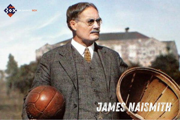 James Naismith inventeur du basketball avec en photo le premier panier de basketball